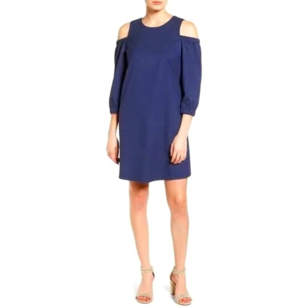 Halogen cold shoulder 3/4 sleeve blue denim dress